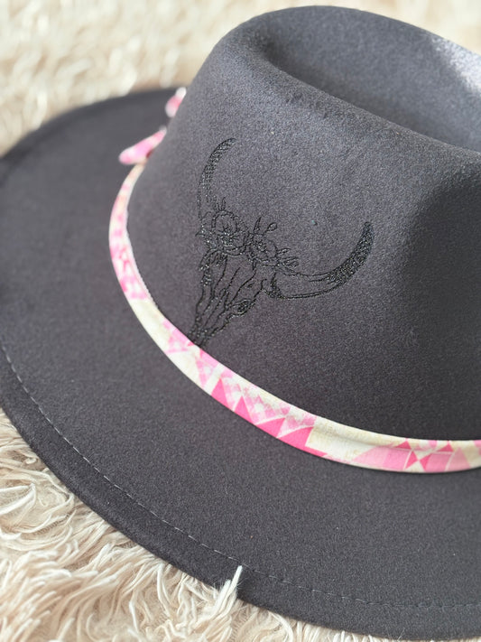 Floral Cow Skull Custom Hat Burnt Hat