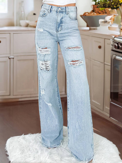 Light Wash Distressed High Waist Wide Leg Jeans