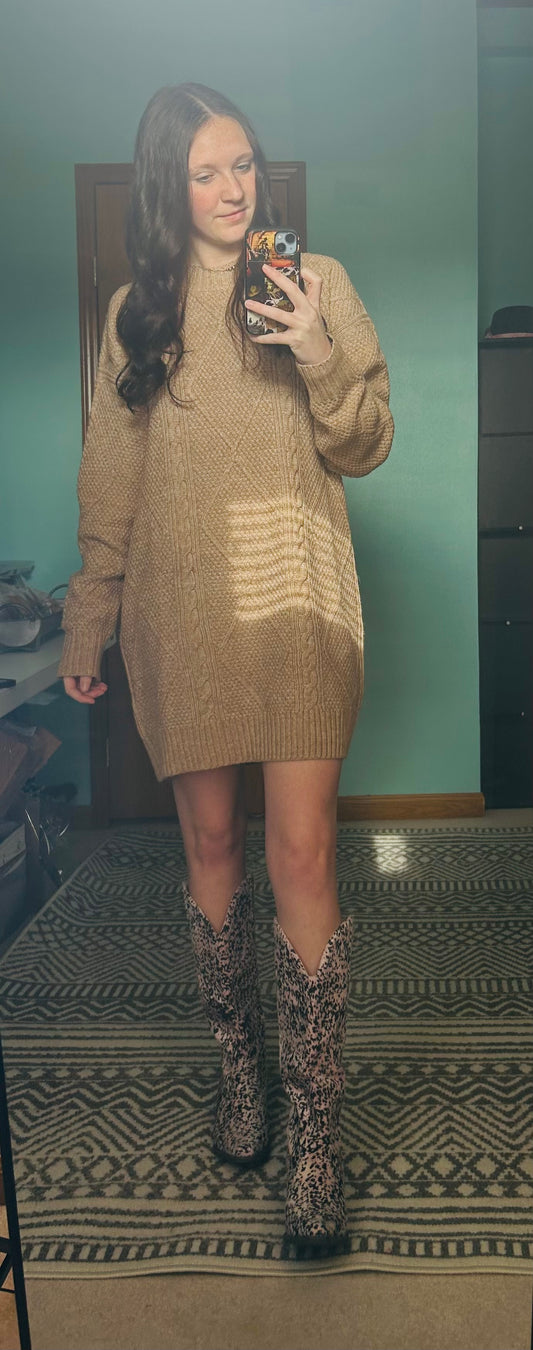 Parchment Cable Knit Sweater Dress