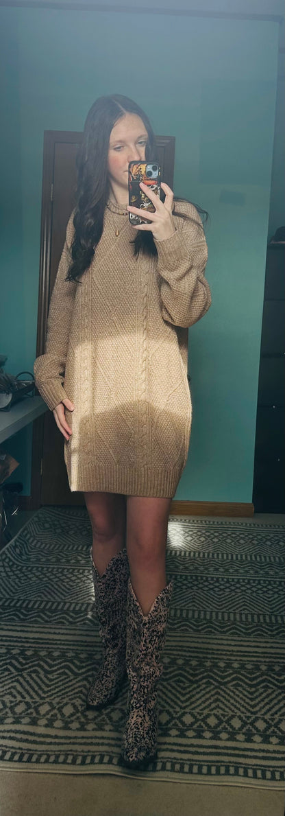 Parchment Cable Knit Sweater Dress