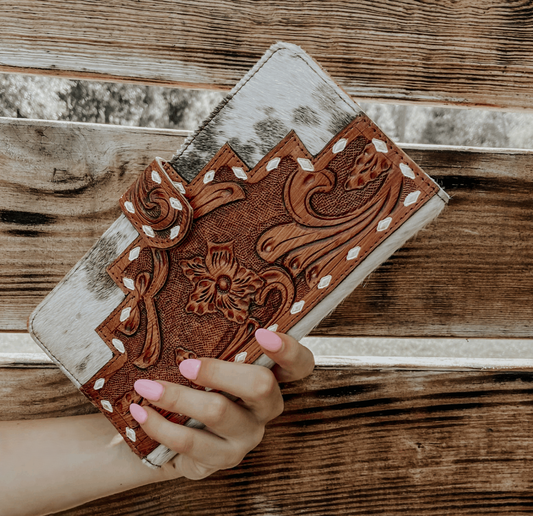 Cowhide with Tooled Leather Womens Wallet Clutch