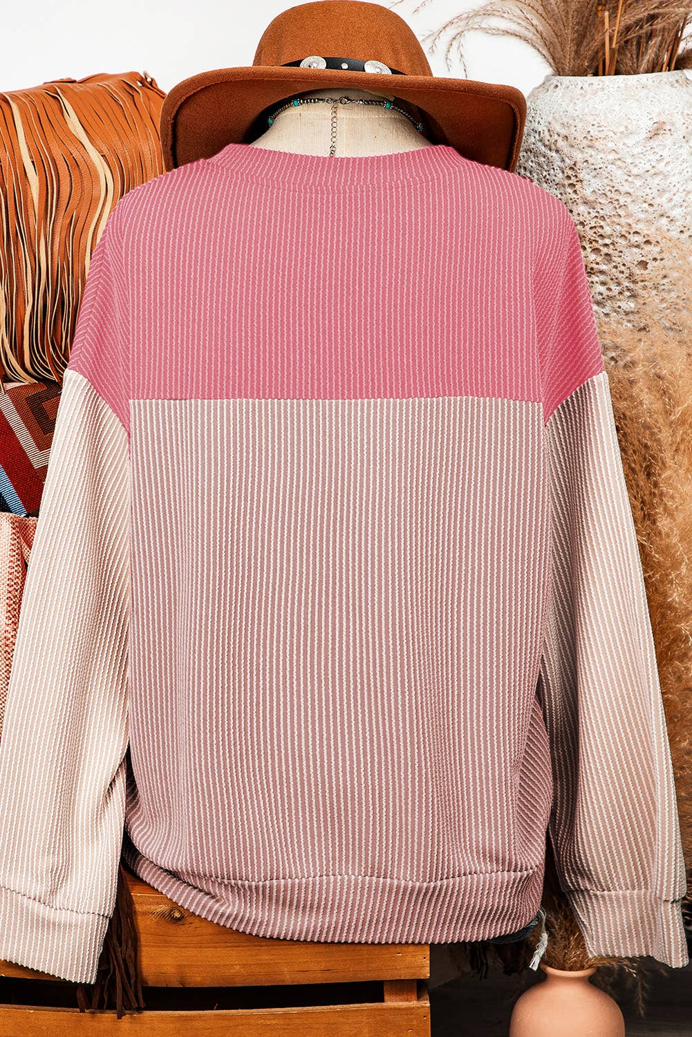 Colorblock Long Sleeve Rib Loose Top